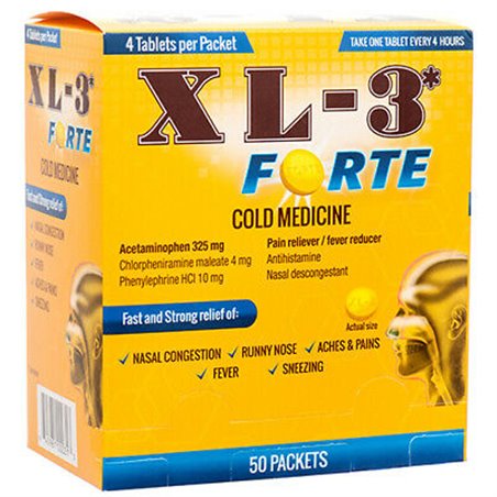 20653 - XL-3 Cold Forte Medicine 4 Tablets Per Packet ( Gold ) - 50 Packets - BOX: 12 Units