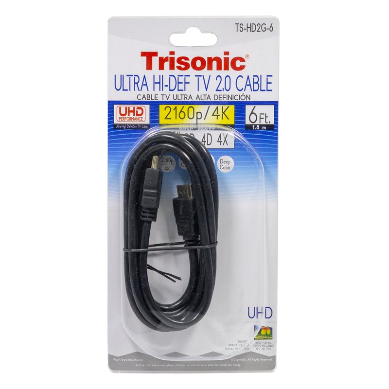 21298 - Trisonic  Ultra Hi Definition HDMI Cable, 6 ft ( TS-HD2G-6 ) - BOX: 24 Units