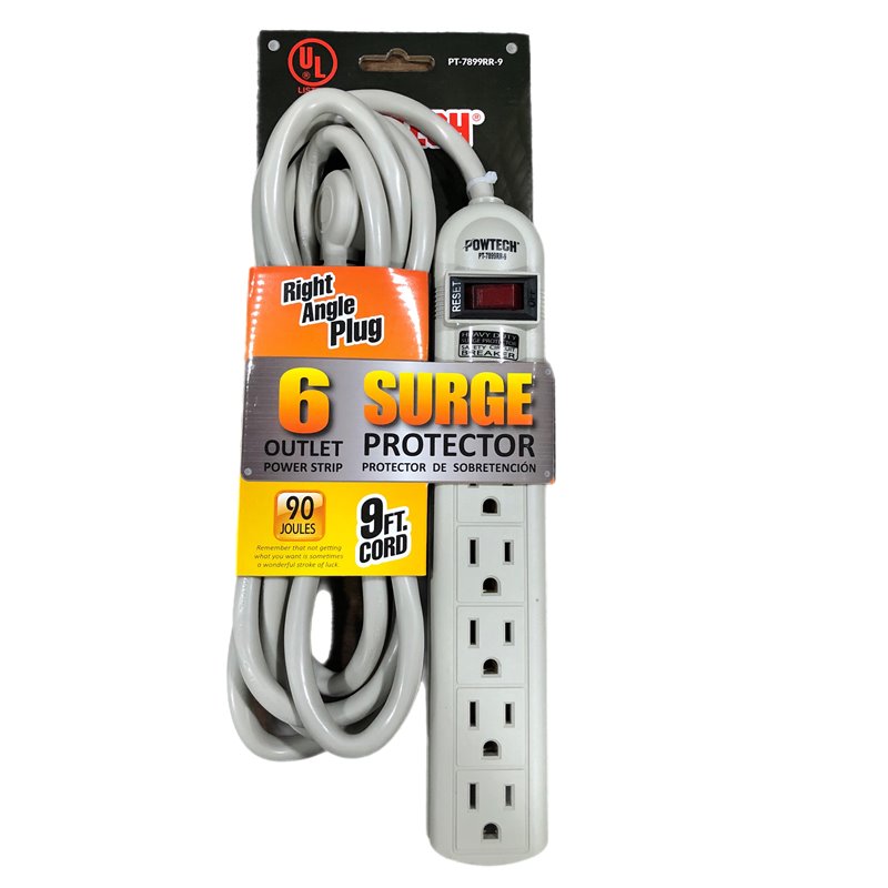 25424 - PowTech 6 Outlet Surge Protector,gray - 9 ft. - BOX: 