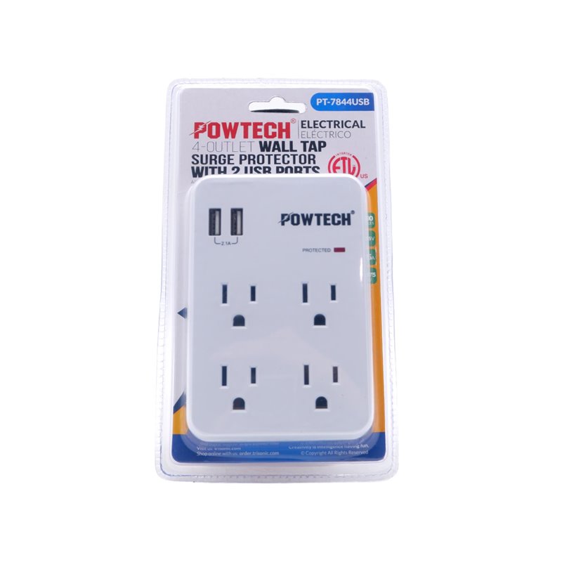 26148 - Powtech 4 Outlet Wall Tap  w/ USB ( PT-7844USB ) - BOX: 24 Units