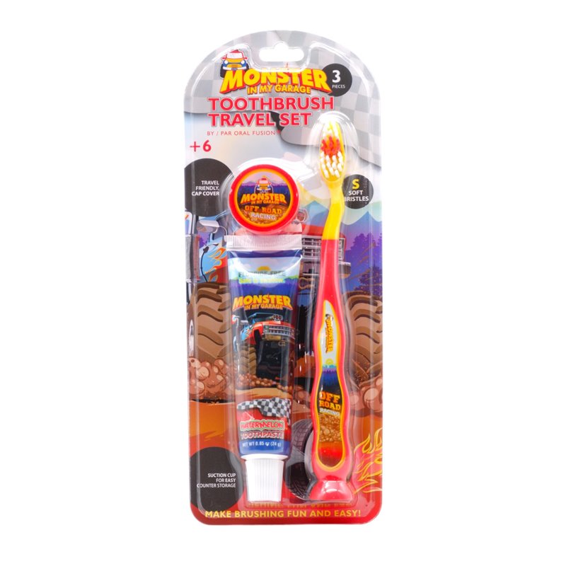 28364 - Oral Fusion Toothbrush Travel Set (Kids) Monster In My Garage - 3 Pack (68032) - BOX: 24 Pkg