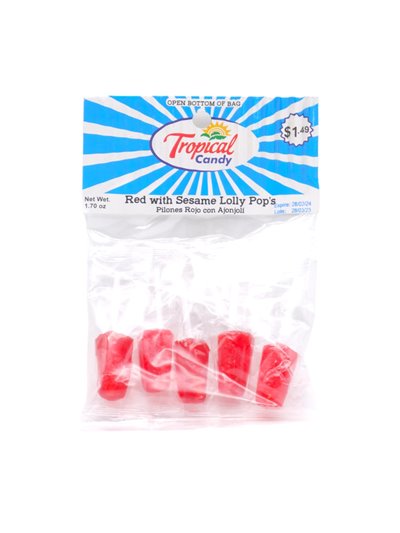 28848 - Tropical Red W/ Sesame Lollipop (Pilones Rojo Con Ajonjoli) 12/1.70oz - Box:  - Loc: 
