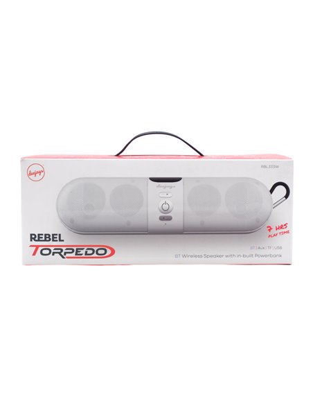 29180 - Rebel Torpedo Speaker White. 7hrs Play Time. RBL333W - Box:  - Loc: 