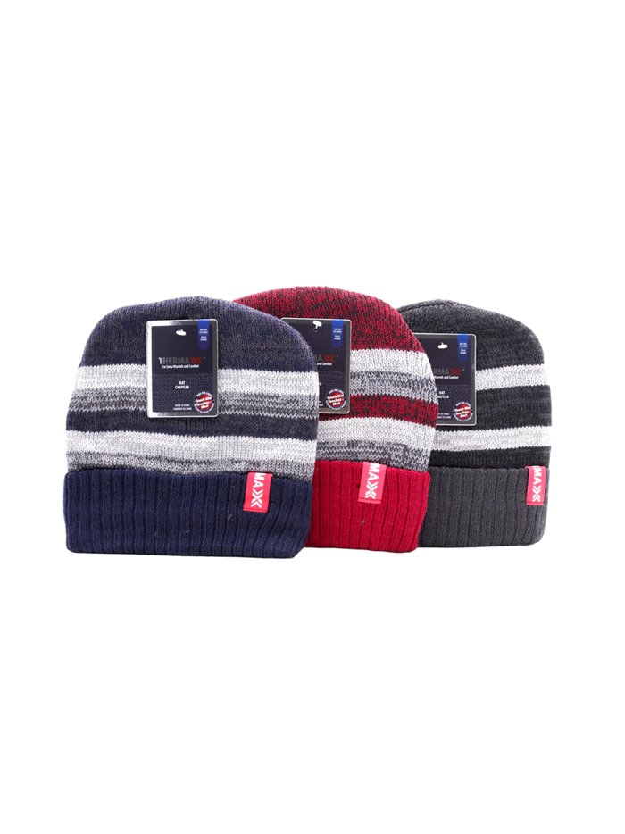 29971 - Winter Knit Hat (Men) Thermaxx w/ Fur Lining Dash 2 Stripes-  10004 12ct - Box:  - Loc: Q2