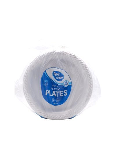 30846 - Real Value Plastic Plates 9 Inch -4/100ct - Box:  - Loc: E11