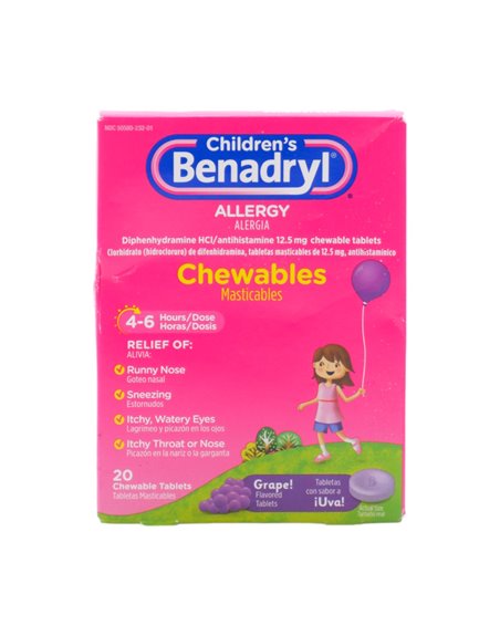 30941 - Benadryl Allergy Chewable. Grape. 20ct - Box:  - Loc: K0