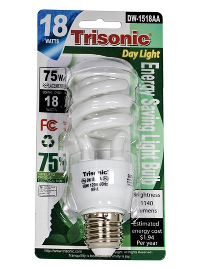 6246 - Trisonic Energy Saving Light Bulb 18W ( DW-1518AA). (Case of 24) - Box:  - Loc: I10