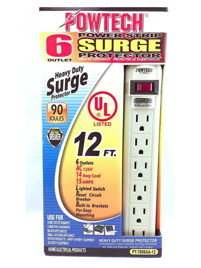 6252 - 6 Outlet Power Strip Surge Protector, White - 12ft. - Box:  - Loc: I10