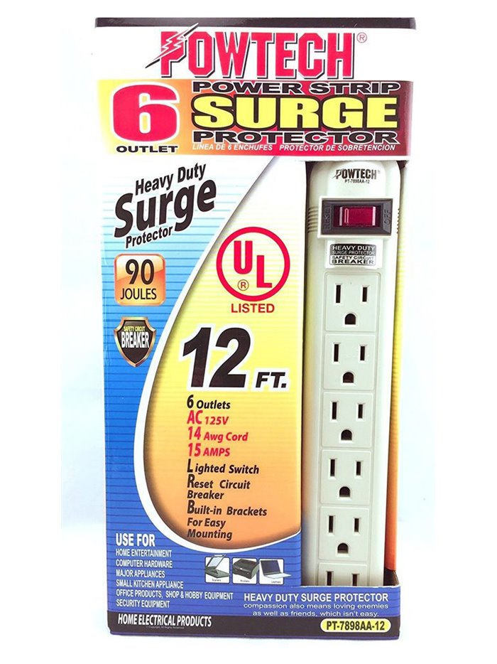6252 - 6 Outlet Power Strip Surge Protector, White - 12ft. - Box:  - Loc: I10