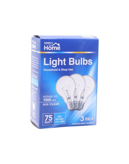 32264 - Simply For Home. Light Bulbs, Soft Clear, 75 Watts - 3 Pack/4 Bulbs. (Case Of 40) - Box:  - Loc: I10