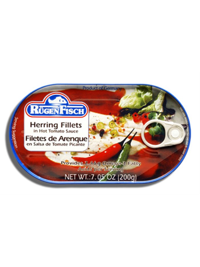 14172 - Rugen Fisch Herring Fillets in Hot Tomato Sauce - 7.05 oz. (Case of 18) - Box:  - Loc: H4