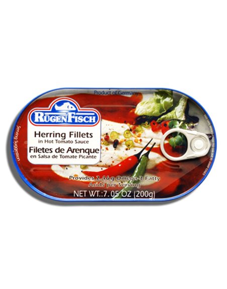 14172 - Rugen Fisch Herring Fillets in Hot Tomato Sauce - 7.05 oz. (Case of 18) - Box:  - Loc: H4