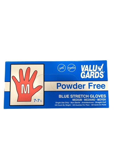 22415 - Blue Stretch Gloves Powder Free, Medium - 100 Pcs - Box:  - Loc: P4