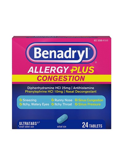 23185 - Benadryl Allergy Plus Congestion 25mg - 24 Tablets - Box:  - Loc: K1