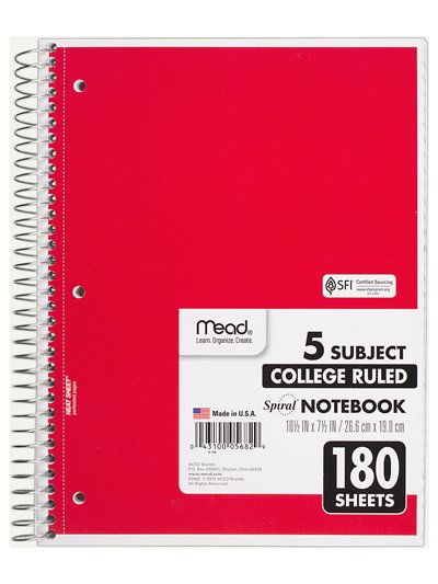 3022 - Spiral Notebook 5 Subject - 150/180 Sheets - Box:  - Loc: J6