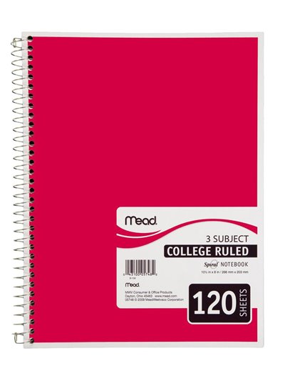 3028 - Spiral Notebook 3 Subject - 120 Sheets - Box:  - Loc: J6