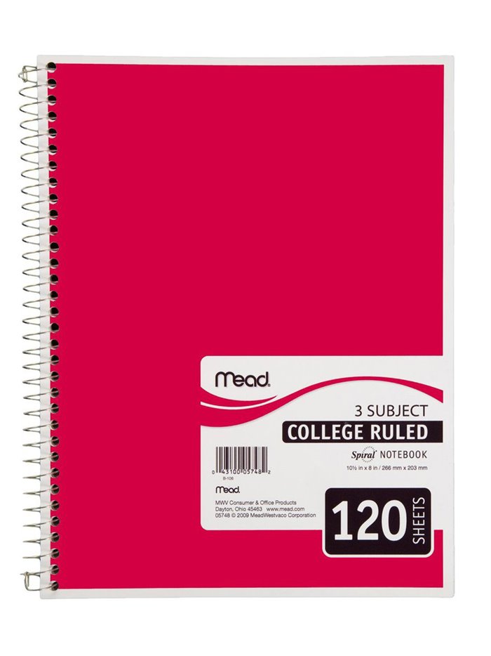 3028 - Spiral Notebook 3 Subject - 120 Sheets - Box:  - Loc: J6
