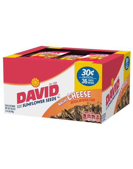5432 - David Sunflower Seeds, Nacho Cheese - 36 Bags- 40cents - Box:  - Loc: M11