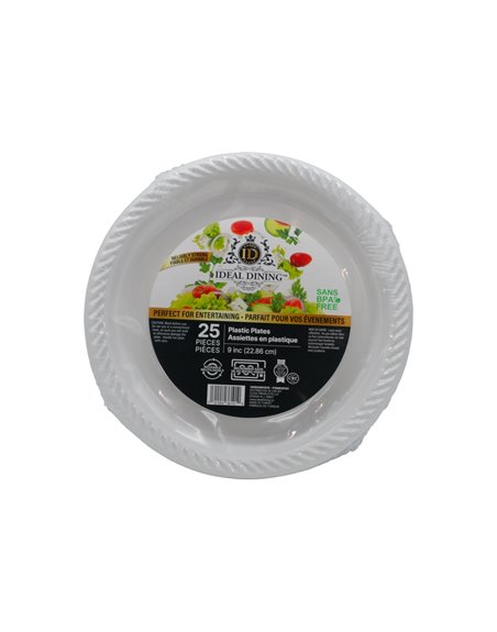 27984 - Ideal Dining Plastic Plates 9'' - 25 Count (24 Pack) - Box:  - Loc: E11
