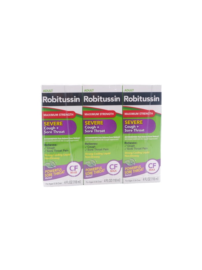 28034 - Robitussin Adult Severe Cough + Sore Thorat - 4 fl. oz. - Box:  - Loc: K3