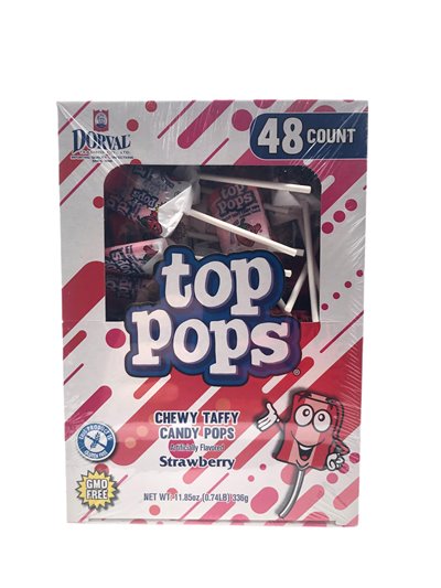 28391 - Tops Pops Chewy Taffy Candy Pops Strawberry - 48ct/11.85oz - Box:  - Loc: 