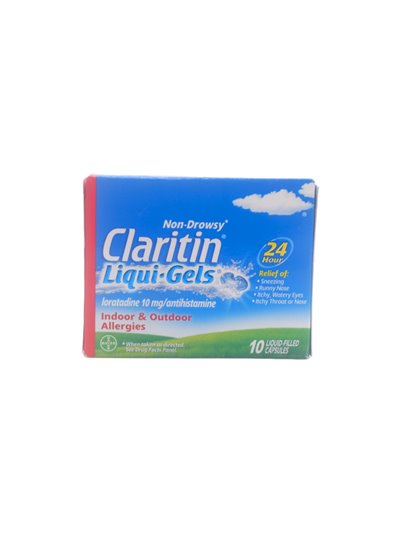 28447 - Claritin Liqui-Gel (Indoor/Outdoor Allergies) 24 Hrs Relief - 10 Tabs - Box:  - Loc: 