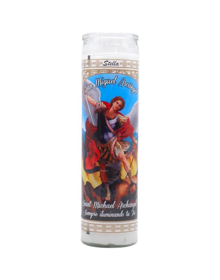 33256 - Brilux Glass Candle  San Miguel De Arcangel. (White/Blanco). Case 12ct - Box:  - Loc: A9
