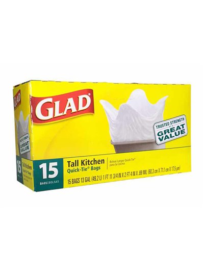 12482 - Glad Tall Kitchen Bag, 13 Gal - 15 Bags (Case of 12) - Box:  - Loc: A5
