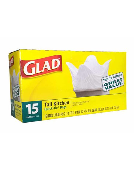 12482 - Glad Tall Kitchen Bag, 13 Gal - 15 Bags (Case of 12) - Box:  - Loc: A5
