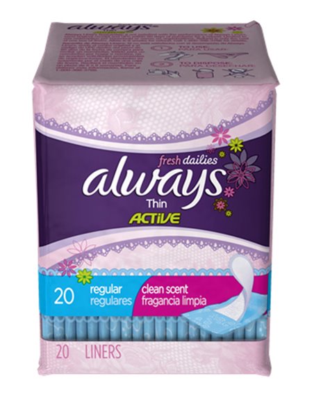17704 - Always Dailies Thin Active Regular (Pantiliners) - 24 x 20's - Box:  - Loc: D3