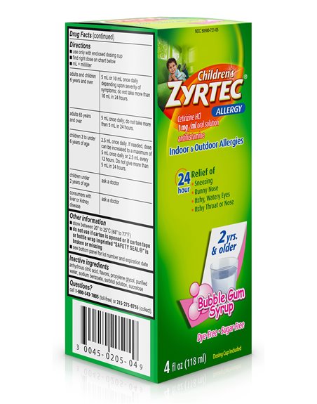 19 - Zyrtec Allergy Children's, Bubble Gum Syrup - 4 fl. oz. - Box:  - Loc: K4