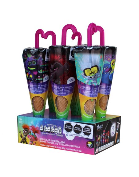 23393 - Bondy Barquillo Relleno Chocolate Sorpresa  Trolls - 6 pcs - Box:  - Loc: L5
