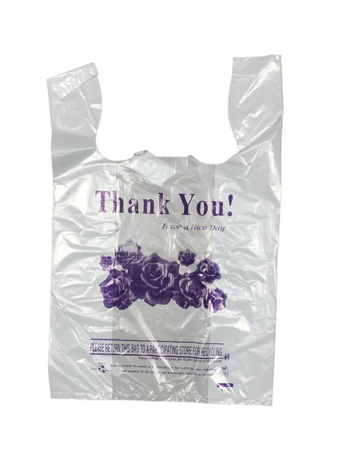 26729 - 1/8 Shopping Bags Than You 22MIC (Flower) White 1000ct - Box:  - Loc: N6