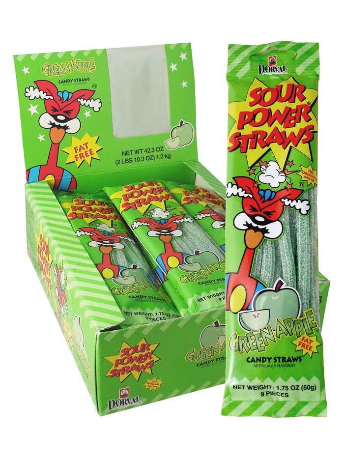 854 - Sour Power Straws Green Apple - 24ct - Box:  - Loc: L12