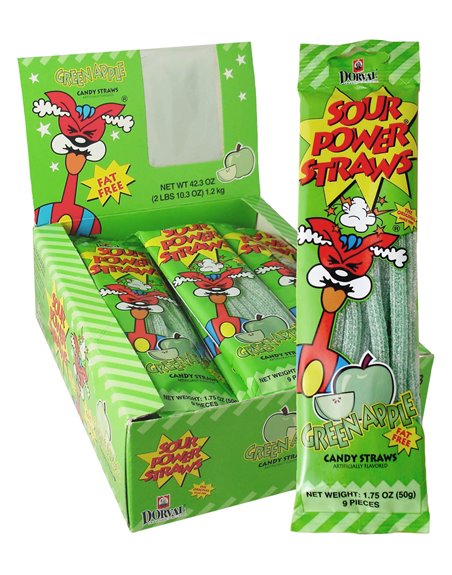 854 - Sour Power Straws Green Apple - 24ct - Box:  - Loc: L12
